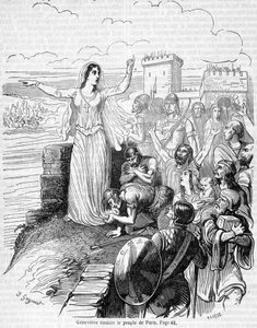 Sainte Geneviève megszervezi Párizs védelmét Attila hordái ellen, és megnyugtatja Párizs lakosságát - Anquetil „Histoire de France” című művében alkotó: Unknown artist