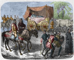 A lusta királyokat ábrázoló jelenet: III. Thierry francia király (673-691) ökrök által húzott ágyú tankban hord. alkotó: Unknown artist