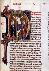 Fejléces keresztrefeszítés jelenete (D betű). Miniatűr Vincent De Beauvais „Speculum historiale” című művében (XII. század) alkotó: Unknown artist
