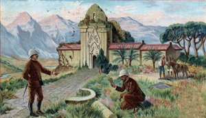 Az eltűnt királyságok jelenetei: Templom a kambodzsai Qui-Nhon tartomány hegyeiben. századi kromolitográfiája. alkotó: Unknown artist