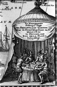 Sebastiano Caboto (Sebastien Cabot) más navigátorokkal együtt ábrázolja a navigációs térkép kazettáját. 17. század eleje. alkotó: Unknown artist