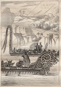 James Cook kapitány (1728-1779) második útja (1772-1775): Neo-Zelandans háborús kenuk (Neo Zelandaises) – az illusztráció a „” A 18. századi nagy tengerészek” című könyvből vett. alkotó: Unknown artist
