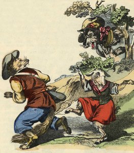 A farkast meglátva Róka mester elmenekült, így a kis Chevrette veszélyben volt. A „Bon medor és a kis Chevrette” című mese illusztrációja. A „” Mesék otthonról a kicsiknek” c. századi névtelen metszet. alkotó: Unknown artist