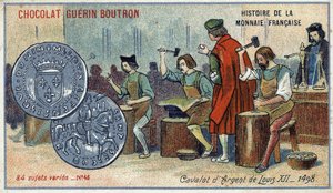 A francia valuta története sorozat, amelyet a Chocolat Guérin Boutron adott ki. 19. századi kromolitográfia. XII. Lajos ezüstkavalótája. 1498 alkotó: Unknown artist