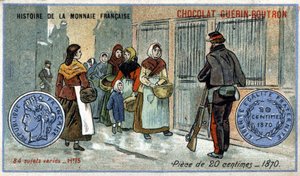 A francia valuta története sorozat, amelyet a Chocolat Guérin Boutron adott ki. 19. századi kromolitográfia. 20 centimes érme 1870-ben alkotó: Unknown artist