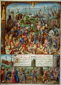 Hetedik keresztes hadjárat (1248-1254). A tetején IX. Lajos (Szent Lajos) (1215-1270), francia király, az átkelőkkel, miután 1250-ben a szaracénok legyőzték Manszúránál. Visszavonultak Damaszkusz tornyai mögé. IX. Lajost és két testvérét elviszik alkotó: Unknown artist