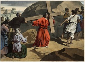 Felmászott a Kálváriára: a keresztjét vivő Jézus vigasztalja Jeruzsálem leányait. Névtelen metszet a 19. század közepéről. alkotó: Unknown artist