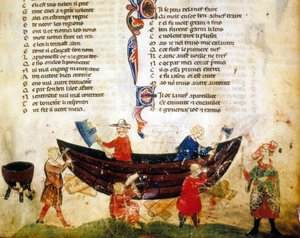 Hajóépítés és tömítés a 13. században. A „Roman de Troy” miniatúrája, Benoit de Saint Maure. 14. századi Biblioteca Marciana, Velence alkotó: Unknown artist