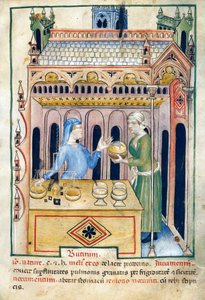 Bolt vajas kenyérrel és két nővel, illusztráció a Tacuinum sanitatisből, illuminált kézirat, egy arab mű latin újrakiadása a 11. századból alkotó: Unknown artist