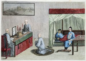 Beteg ember az ágyban és a szerzetesek imája - Kína alkotó: Unknown artist