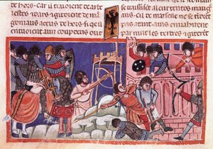 Egy megerősített város ostroma. Miniatűr Jules Cesar (Kr. e. 101-i. e. 44) tényeiről szóló kódexből 14. századi Velence, Biblioteca marciana alkotó: Unknown artist