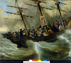 Egy svájci emigráns hajó elsüllyedése. Ex voto 1856-ból a locarnói Madonna del Sasso szentélyből. Giovanni Antonio Vanoni festménye. alkotó: Unknown artist