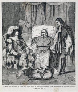 Uram – mondta Mazarin –, tartozom neked mindennel, de fizetek felségednek azzal, hogy odaadom neki Colbertet. Jules Mazarin bíboros (Giulio Raimondo Mazzarino vagy Mazarino) (1602-1661) bemutatja Jean Baptiste (Jean-Baptiste) Colbert (1619-1683) és XIV. La alkotó: Unknown artist