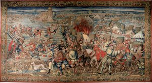 Hatodik olasz háború (1521-1526): az 1525. február 24-i páviai csata (Pavia) ábrázolása, amelyben I. Ferenc vereséget szenvedett V. Károly kárpittal szemben. Nápoly. Museo National Museo di Capodimonte. alkotó: Unknown artist