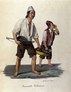 Az utca kis metszeje: sétálóhal árusai. Szicíliai metszet a XIX alkotó: Unknown artist