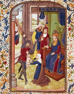 Salamon ítélete Két nő úgy tesz, mintha ugyanannak a gyermeknek az anyja. Miniatűr az egyetem 15. századi coimbrai könyvtárának kéziratából alkotó: Unknown artist
