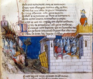 A gesztus éneke: a felvonóhíd által védett, várba menekült ellenséges hadsereg megtámadására feltartóztatott hadsereg. Miniatűr a francia-olasz „” Entree d