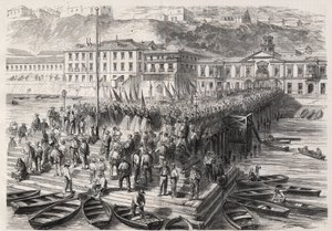 Dél-amerikai spanyol háború Chile és Spanyolország között, 1865. szeptember: Valparaiso hölgyei a kikötőt blokkoló spanyol osztag jelenlétében hazafias himnuszokat énekelnek – Metszet: „A jeles világ” alkotó: Unknown artist