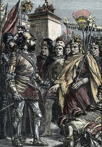 Mexikó spanyol meghódítása: Hernan Cortes és II Montezuma találkozója 1519-ben. alkotó: Unknown artist