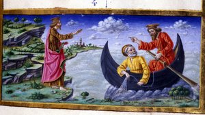 Szent Péter: Horgászat a Tiberias-tavon. 15. századi miniatűr. Milánó, Biblioteca Trivulziana. alkotó: Unknown artist