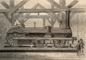 Gőzmozdony modell, Crampton rendszer, Thomas Russell Crampton (1816-1888). Metszet 1856-ból. alkotó: Unknown artist