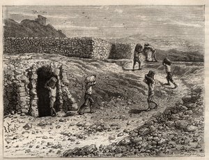 Kén – kénbánya Girgentiben, Szicíliában – Louis Figuier vésése a „Les Merveilles de l
