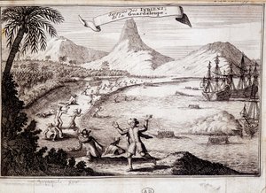 Az indiánok meglepetése Kolumbusz Kristóf guadeloupe-i partraszállásánál (karavellák) - metszet alkotó: Unknown artist