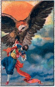 Felszáll egy sas. Szindbád (Szindbád) tengerész csodálatos kalandjai. Népszerű mese 1001 éjszakáról (ezeregy éjszaka). A 19. század végének kromolitográfiája. alkotó: Unknown artist