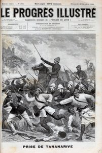 Antananarivo elfoglalása – A francia hadsereg megszállta Antananarivót 1895 – Conquete de Madagascar. - Tananarive elfoglalása a francia expedíciós erők által 1895. szeptember 30-án - "" Le Progres illustrious"-ba vésve, 1895. alkotó: Unknown artist
