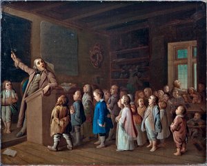 Tanítás a vidéki iskolában, Anonymous. Olaj, vászon, 19. század első fele. Állami Vallástörténeti Múzeum, Szentpétervár alkotó: Unknown artist