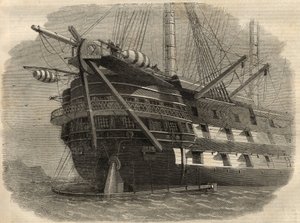 Távírás: a H.M.S. hajó farának képe. „Agamemnon””, amely az első transzatlanti kábelt fogja lefektetni. Gravírozás a június 5-i „” The Illustrated London News”-ban alkotó: Unknown artist