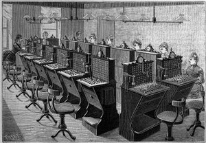 Telefonálás Svédországban: a stockholmi központi telefoniroda helyisége. Metszet a „természetbe”: 1889. március 23-i áttekintés a tudományokról és alkalmazásukról a művészetben és az iparban. alkotó: Unknown artist