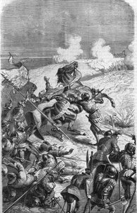 A 75 éves veterán John Talot egy 3000 fős expedíció élére állították, amely 1452. október 17-én debarkált Guyenne-ben. Talbot csatában bekövetkezett halálát ábrázoló metszet. századi metszet. alkotó: Unknown artist