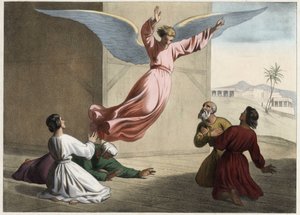Rafael arkangyal elhagyja a Tobie családot. Névtelen metszet a 19. század közepéről. alkotó: Unknown artist