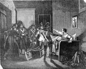 Az osztrák-magyar rendőrség letartóztatott egy carbonarót (carboneria, szénipar), a titkos politikai társaság egyik tagját. századi metszet. alkotó: Unknown artist