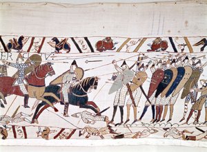 A hastingsi csata, amelyet I. Hódító Vilmos (1027-1087) nyert meg 1066.10.14-én, és amely során II. Harold angol király meghalt (1022-1066). Bayeux gobelin, Mathilde királynő hímzéseként ismert alkotó: Unknown artist
