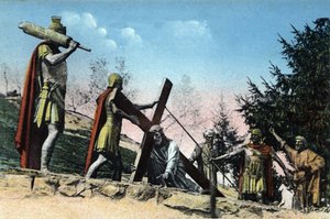 A lourdes-i kálvária (keresztút) (a kereszt hordozása): Jézus elesik a kereszt súlya alatt. alkotó: Unknown Artist