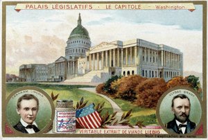 A Capitol, Amerikai Kongresszusi Palota, Washington (USA), Abraham Lincoln (1809-1865) és Ulysses Grant (1822-1885) portréival – Liebig kromolitográfiája alkotó: Unknown artist