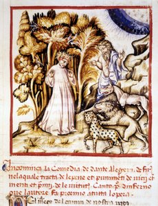 Dante Alighieri isteni színjátéka. Dantét, Vergiliust és a három fenevadat ábrázoló miniatűr. 14. századi kézirat. Városi Bibl. Riminiből. alkotó: Unknown artist