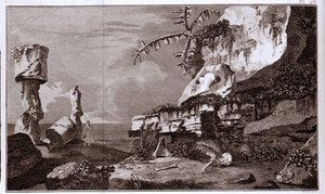 A Húsvét-sziget (Rapa Nui) Polinéziában a „Viaggi del Capitano Cook” után, XIX. századi metszet. alkotó: Unknown artist