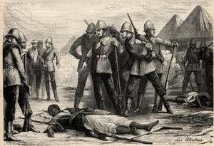 Etiópia császára (négus) II. Theodoros (Tewodros) 1868. április 13-án halt meg, miután az angolok elfoglalták Magdalát, ahová a negusok visszavonultak. Metszet a „L