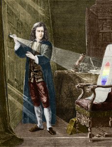 Isaac Newton (1642-1727) angol fizikus, aki üvegprizmával bontja le a fényt. Metszet 1880-ból. alkotó: Unknown artist