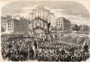 A párizsi ünnepek, az olasz hadsereg bevonulása Párizsba, Diadalív a Place de la Bastille-nál, a milánói dóm elülső részét jelképező - A csapatok visszatérése a Risorgimento után, Párizs alkotó: Unknown artist