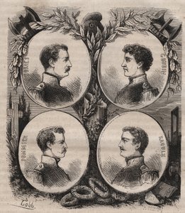 A La Rochelle-i négy őrmestert (Jean Francois Bories (1795-1822), Jean Joseph Pommier (1796-1822), Marius Claude Raoulx (1797-1822) és Charles Goubin (1798-1822) a restauráció alatt azzal vádolják, hogy meg akarják dönteni. a monarchia és a guillotine 1822 alkotó: Unknown artist