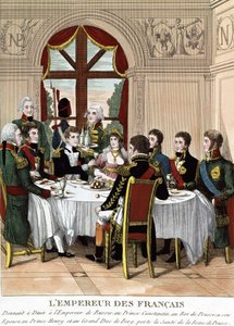 I. Napóleon francia császár Tilssitben fogadja Oroszország császárát, Konstantin herceget, Poroszország királyát, feleségét, Henrik herceget és Bert nagyhercegét, és pohárköszöntőt mond a porosz királynő egészségére. Metszet a 19. század elejéről alkotó: Unknown artist