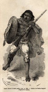 A játék, vagy bátor három hajszálú, abesszin fegyveres katona. Guillaume Lejean 1862-es abesszíniai utazását illusztráló metszet a „Le tour du monde, nouveau Journal des voyages” című kiadványában, amelyet Edouard Charton vezetésével adtak ki. alkotó: Unknown artist