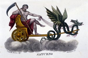 A Szaturnusz isten (vagy Cronos) két sárkány által kilőtt tankon. Raffaello Sanzio illusztrációjából. századi metszet. alkotó: Unknown artist