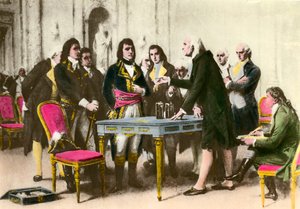 Az olasz fizikus, Alessandro (Alexandre) Volta (1745-1827) bemutatja halmát Bonaparte Napóleonnak. 1801 Magángyűjtemény alkotó: Unknown artist