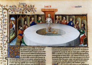 A kerekasztal lovagjai a Lancelot történetéből. A Szent Grál megjelenése a Kerekasztal Lovagjai előtt, miniatűr a Lancelot történetéből, velin alkotó: Unknown artist