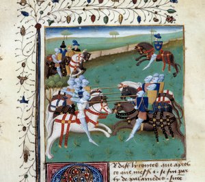 A kerekasztal lovagjai lovagi tornán vesznek részt. Miniatűr Charles of Maine mester „Tristán regénye” című kéziratából alkotó: Unknown artist